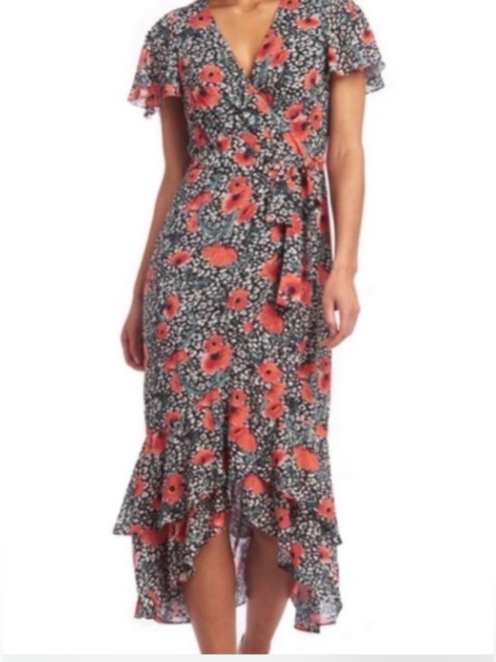 NWT Rachel Roy Leopard Poppy Ruffle Wrap Midi Dress Sz 10 Animal Print Floral